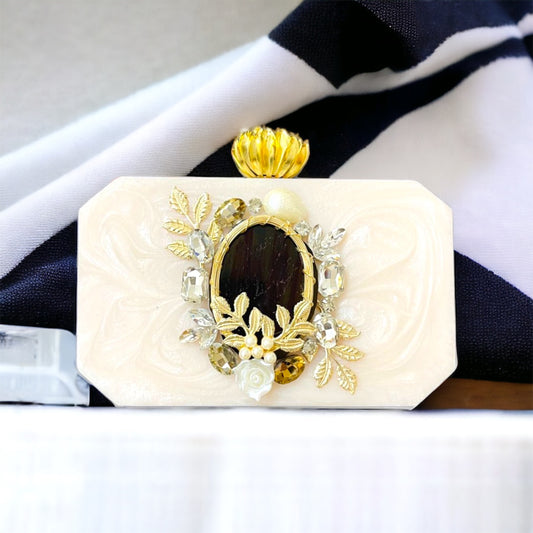 BEAUTIFUL OFF WHITE CLUTCH WITH MAHROON STONE WORK