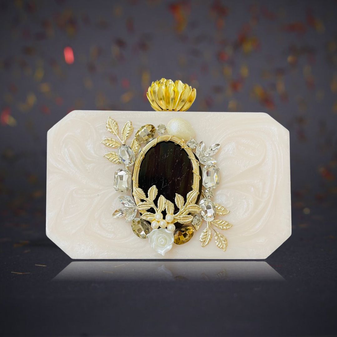 BEAUTIFUL OFF WHITE CLUTCH WITH MAHROON STONE WORK