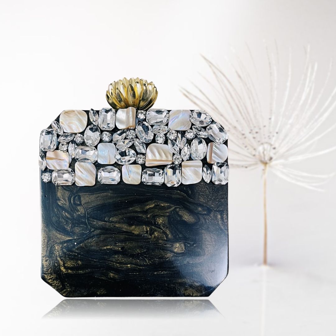 BEAUTIFUL  BLACK GOLDEN STYLISH RESIN CLUTCH